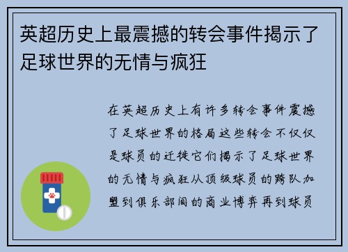 英超历史上最震撼的转会事件揭示了足球世界的无情与疯狂 英超历史上最震撼的转会事件揭示了足球世界的无情与疯狂